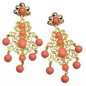 Kenneth Jay Lane KJL Couture Chandelier Statement Runway Orange Gold Earrings